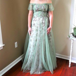 Custom-made sage gown with hand-sown beads/sequins